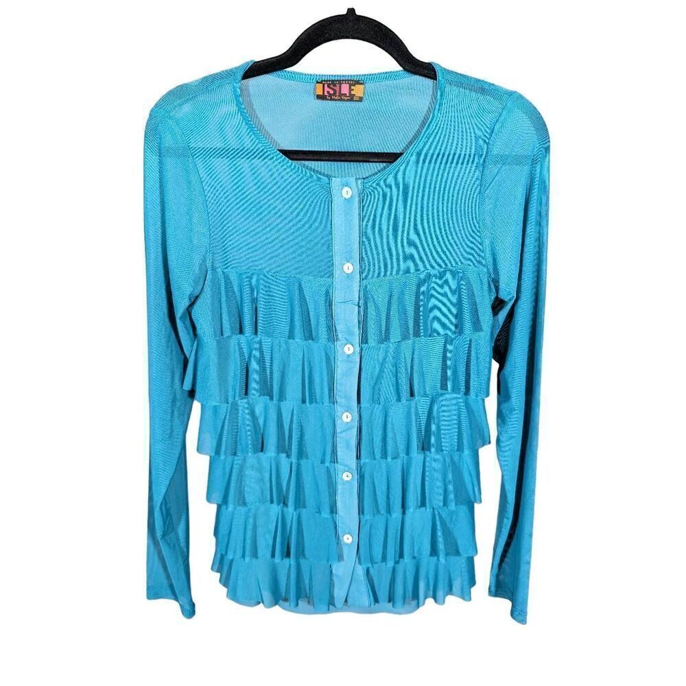NWOT Made in Turkey Isle See-through Cardigan with Ruffles Blue Women's XS